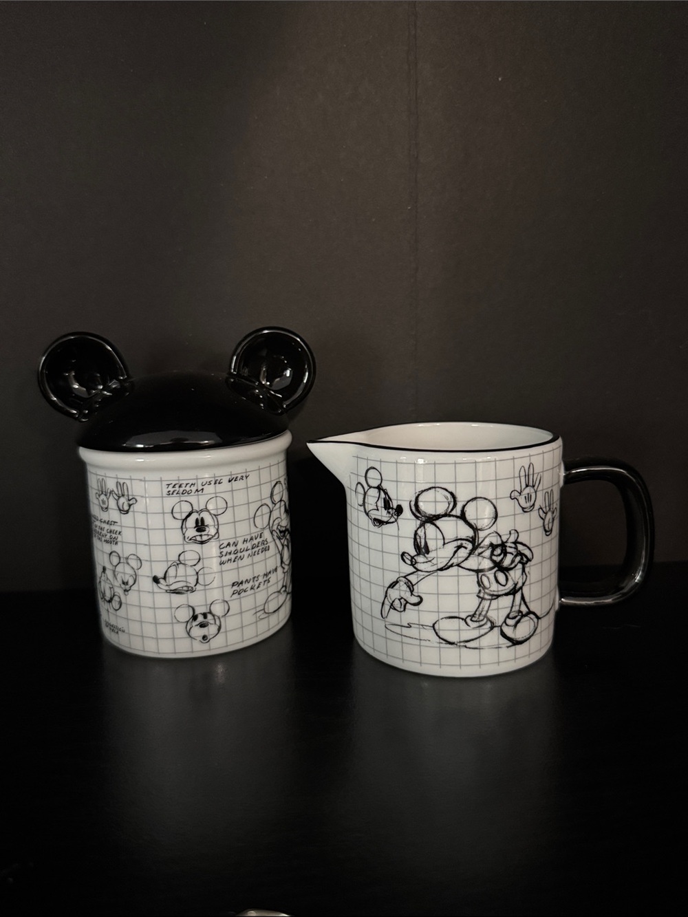 Disney Black and White Mickey Sketch Creamer and Sugar Jar Set